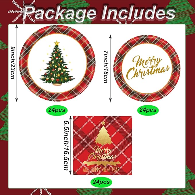 72 Pcs Christmas Plates Disposable Party Set Red Black Plaid Christmas Tree Holiday Paper Plates and Napkins for Chirstmas Party Table Decorations