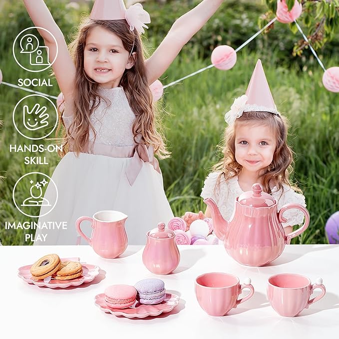 Giant bean Porcelain Tea Set, Pearl Pink Real Tea Party Set for Little Girls, British Royal Princess Series Teapot & Cup & Saucer & Sugar Bowl & Suitcase, for Little Kids Toddlers