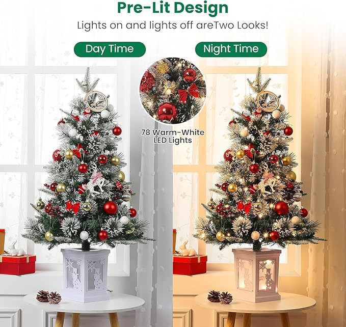3FT Prelit Artificial Christmas Tree with Lights, 3 Foot Artificial Christmas Tree with Snowflake Base, 78 LED Prelit Christmas Tree, Battery Operated, Timer, Easy Assembly, Winter Holiday Decor