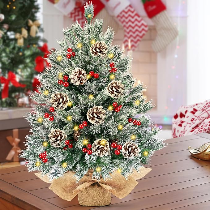 [ 8 Modes & Timer] 24 Inch Realistic Snowy Tabletop Christmas Tree Small Christmas Tree with 50 Warm Lights Battery Operated Red Berries Pine Cone Burlap Base Indoor Home Table Christmas Decorations