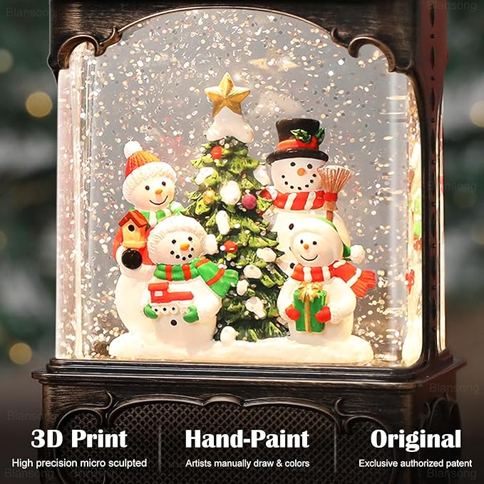 Snowman Snow Globe Lantern Christmas Decorations Gifts Auto Snowfall Glitter Music Collection Snowman Family Christmas Tree with 6H Timer USB/Battery Powered 10.2 inch