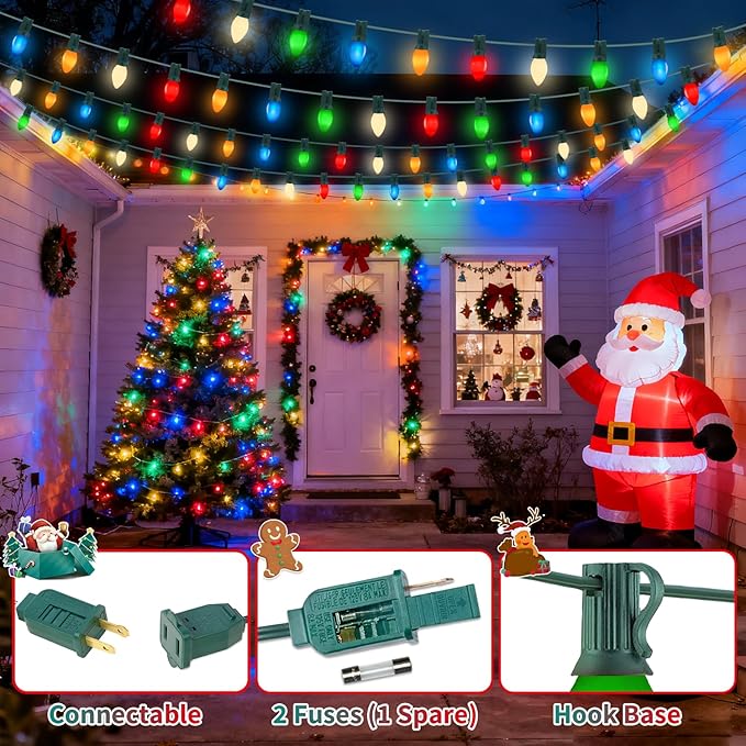 50FT C7 LED Christmas Decorations Lights Outdoor, Multicolor Christmas Lights Green Wire with 50+5 Multicolored C7 LED Light Bulbs, Vintage Decor Light for Xmas Tree Home Yard Party Decor, E12 Base