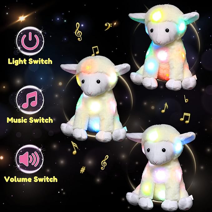 Hopearl LED Musical Stuffed Lamb Lighting Up Sheep Singing Plush Toy Adjustable Volume Lullaby Animated Soothe Birthday Gifts for Kids Toddler Girls, Beige, 11''