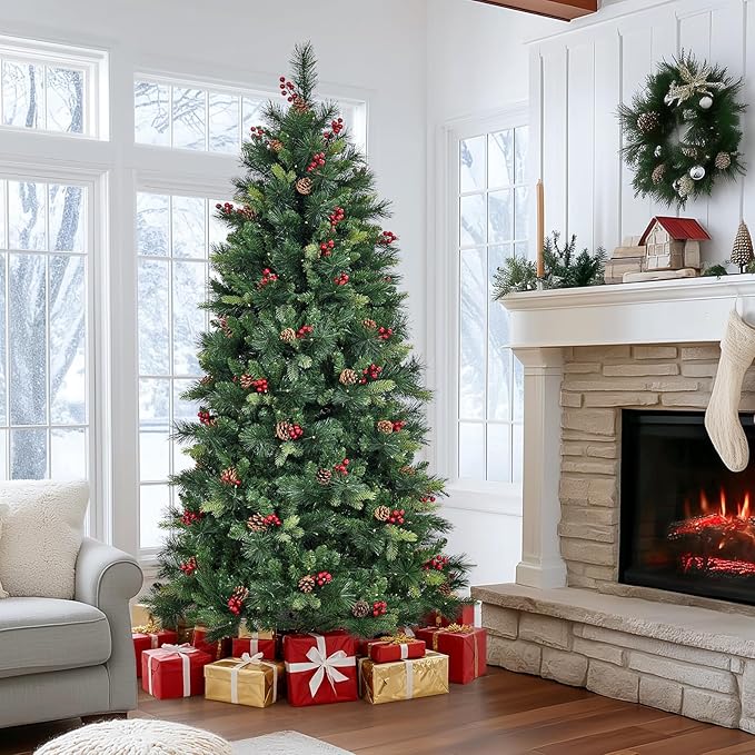 6FT Pre-lit Artificial Christmas Tree, Pre-Decorated Fluffy Fraser Fir with 350 Warm White Lights, 900 Hinged Branch Tips, Pine Cones & Berries, Includes Metal Stand for Holiday Decor