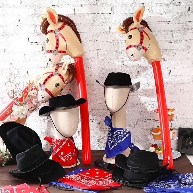 Xtinmee 48 Pcs Kids Cowboy Party Favor with Cowboy Hats Inflatable Stick Horses Bandanas Heart Glasses for Kid Costume(Black)