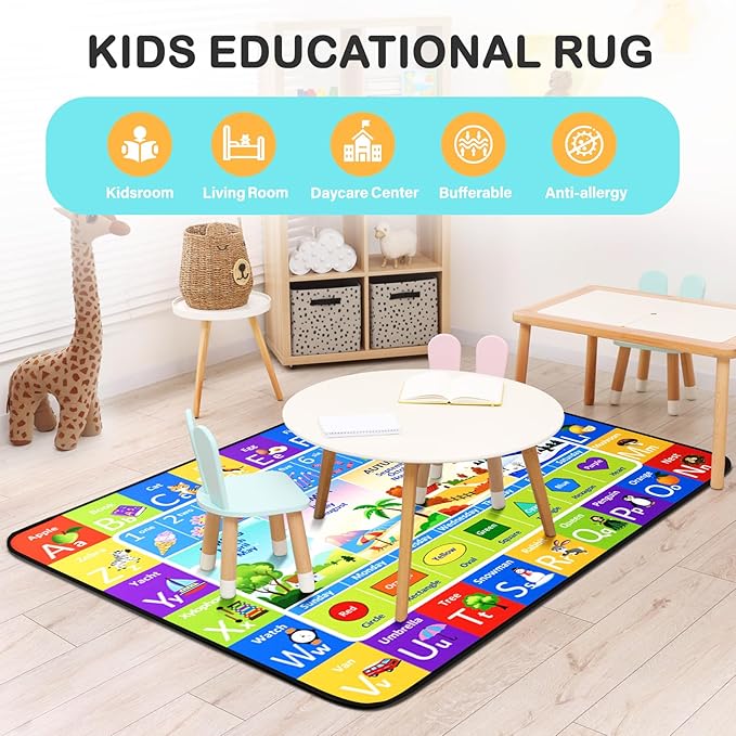 ABC Rug for Kids Playroom, Alphabet Rug 4x6 Feet, Washable Play Mat Non-Slip ABC Mat Classroom Carpet for Learning Letters, Animal, Shape, Color, Nursery Toddler Play Room Decor