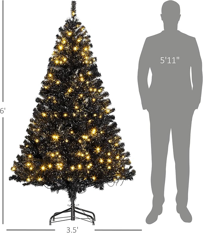 HOMCOM 6' Tall Prelit Christmas Tree Douglas Fir Artificial Christmas Tree with Realistic Branches, 250 Warm White LED Lights and 1000 Tips, Black
