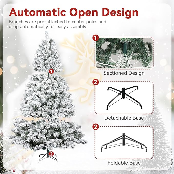 6 FT Artificial Christmas Tree, Snow Flocked Xmas Tree 860 Snowflake Branches, Hinged Pine Tree with Solid Metal Stand for Indoor and Outdoor Holiday Decoration