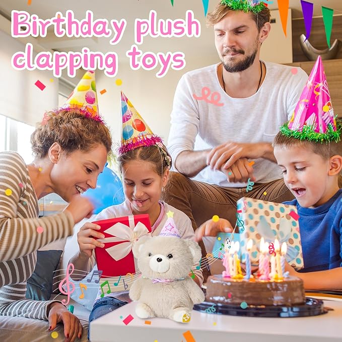 Birthday Bear Plush Toy Clap Activated with Voice Recording Singing Dancing Interactive Stuffed Animal Gift for Toddler Kids Boys Girls