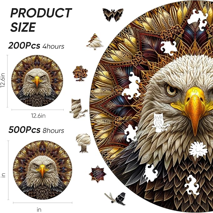 Bald Eagle Wooden Puzzle for Adults 500 Piece, Mandala Wooden Jigsaw Puzzles, Inspiring Puzzle, Beautiful Wooden Puzzle with Box Birthday Gifts for Adults and Kids Family Game(16.5 * 16.5in)