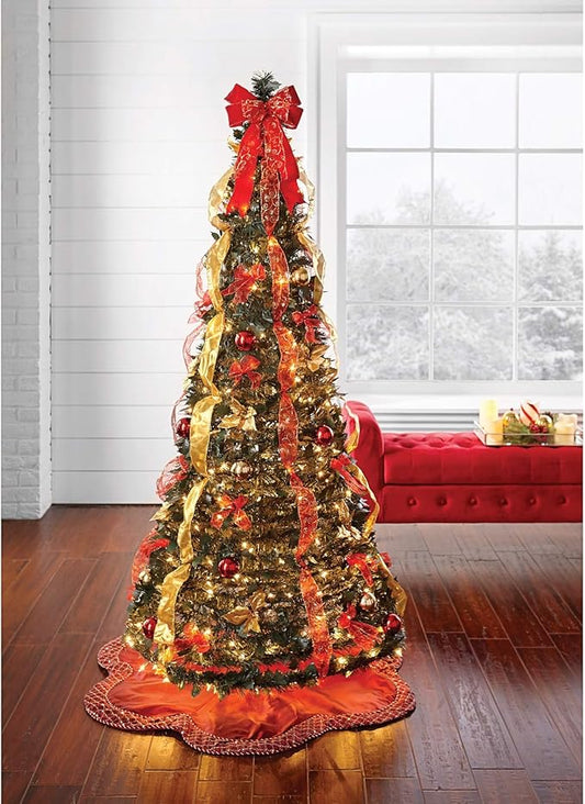 BrylaneHome 6 Ft Fully Decorated Pre-Lit Pop-Up Christmas Tree with 350 Warm Lights & Included Stand, Collapsible, Easy Assembly - Red Gold