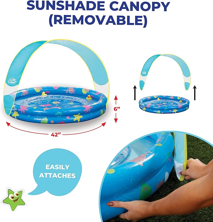 SunSmart Lazy River Kiddie Pool with Two Toy Duckies, Inflatable Kids Pool with Removable UPF50 Sunshade Canopy, Heavy Duty Toddlers Pool