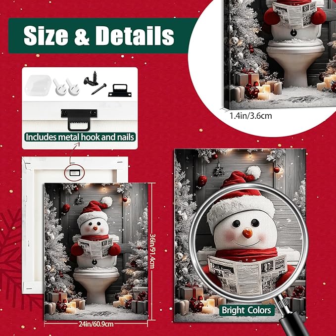 AbcCustomize Funny Snowman Christmas Canvas Wall Art, Snowman Reading on Toilet Canvas Prints, Quirky Bathroom Picture for Humorous Christmas Decorations, Holiday Gifts and Winter Decor