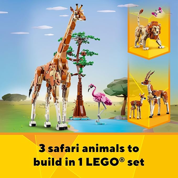 LEGO Creator 3 in 1 Wild Safari Animals, Rebuilds into 3 Different Safari Animal Figures - Giraffe Toy, Gazelle Toy or Lion Toy, Nature Toy, Building Set for Kids Ages 9 Years Old and Up, 31150