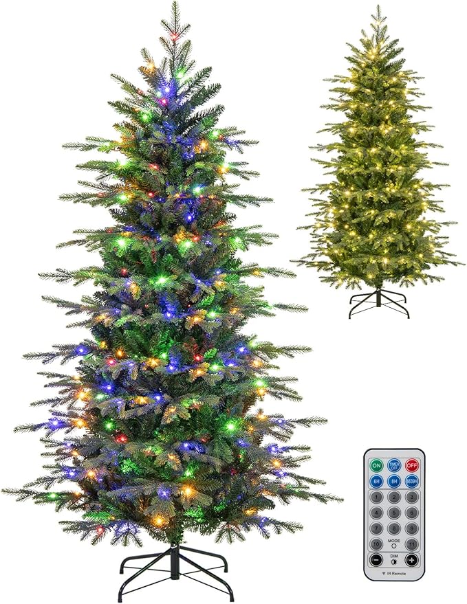 Goplus 6ft Pre-Lit Artificial Christmas Tree, Hinged Xmas Tree with 714 PVC & PE Tips, 260 Multicolored & Warm White LED Lights, 11 Modes, Remote Control, Metal Stand, Home Office Decoration