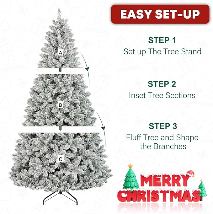 7.5ft Lighted Snow Flocked Christmas Tree with Remote Control, 450 Multi-Color RGB Lights, 1446 PVC Branch Tips, 15 Mode Artificial Hinged Christmas Tree for Home