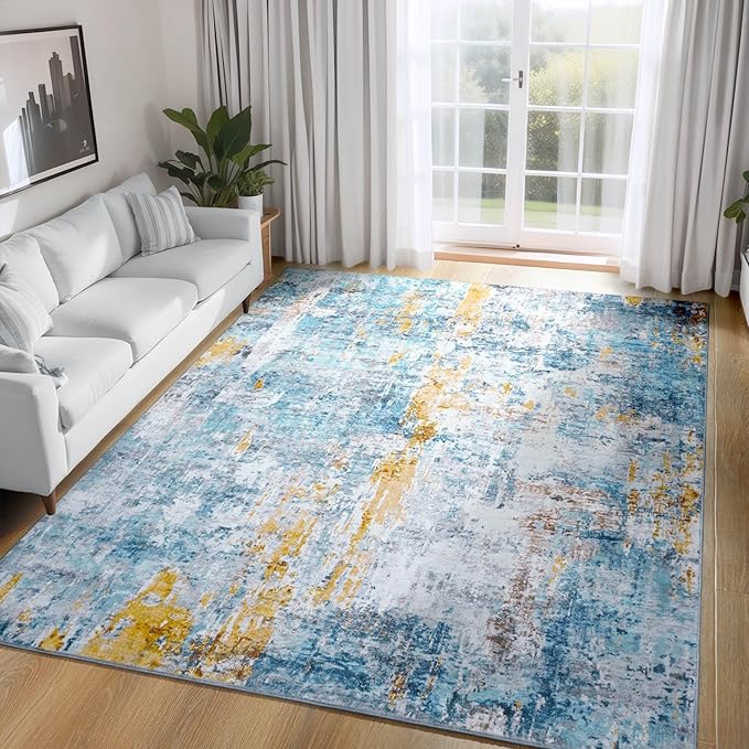 Ompaa Living Room Rug 5x7 Blue Area Rug Machine Washable Boho Rug Non Slip Abstract Vintage Indoor Large Rugs for Bedroom, Classroom, College Dorm, Farmhouse, Dining Room, Kids Playroom