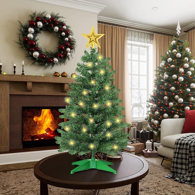 3 Ft Green Christmas Tree with Lights, Timer 8 Modes 50 Warm White Lights Battery Operated Small Artifical Full Christmas Tree for Tabletop Home Office Indoor Outdoor Xmas Holiday Party Decorations