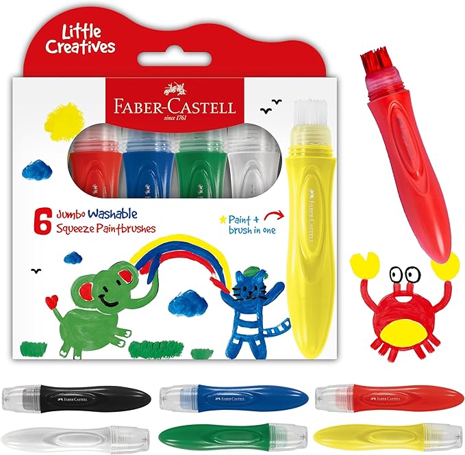 Faber-Castell Little Creatives Jumbo Squeezing Paint Brushes, 6 Colors, Paint Sticks for Kids Washable, Toddler Art Supplies, Non Toxic Paint and Brush in One, Kids Crafts Age 3 to 5+