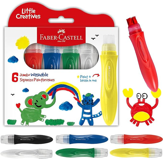Faber-Castell Little Creatives Jumbo Squeezing Paint Brushes, 6 Colors, Paint Sticks for Kids Washable, Toddler Art Supplies, Non Toxic Paint and Brush in One, Kids Crafts Age 3 to 5+