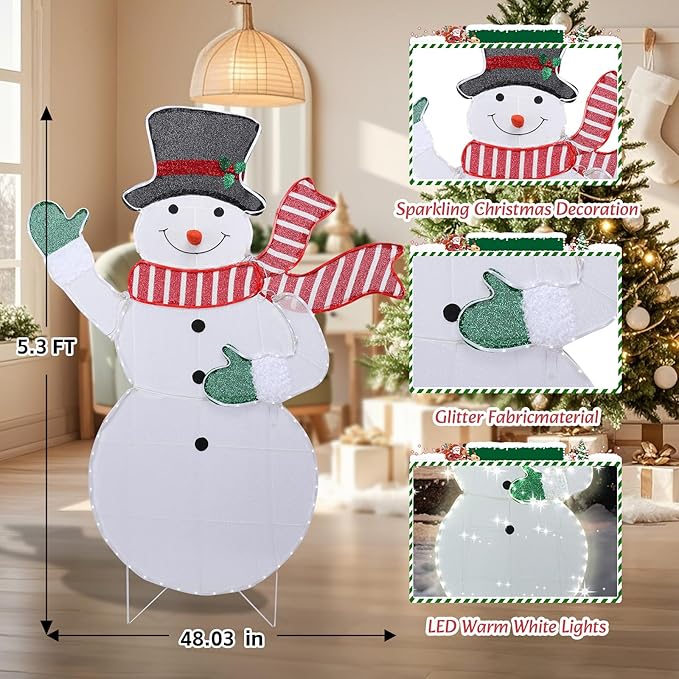 VCUTEKA Christmas Outdoor Decorations - 5.3FT Christmas Glittering Snowman with Red Scarf and Black Hat LED Light for Xmas Home Yard Patio Lawn Garden Festive Holiday Décor