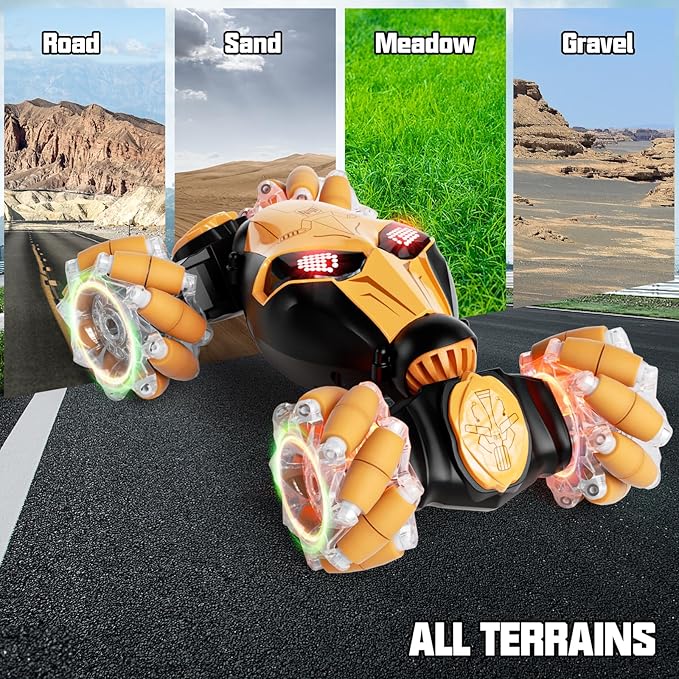 Gesture Sensing RC Car Hand Controlled Remote Control LED Car Toys for Kids 8-12 Years Old, 2.4GHz 4WD Double Sided 360° Flips Off Road Vehicle Toys w/Lights&Music, Boys Grils Brithday Gift