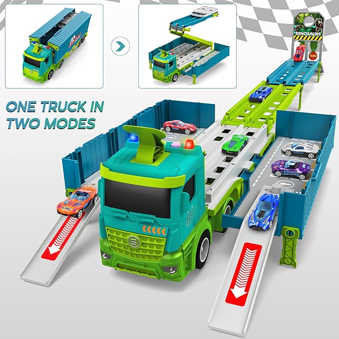 Carrier Truck Race Track Toddler Toys, Foldable 3 Layer Toddler Track Playset, Dinosaur Toy Truck Transport Car Carrier & 8 Race Cars, Truck Car Kids Toy Gifts for Age 3 4 5 6+ Year Old Boys Girls