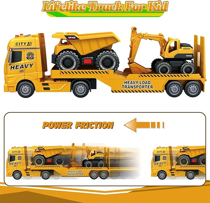 3-in-1 Construction Truck Toys for Kids Ages 3-6 - Inertia Semi Trailer with Excavator & Dump Truck, Light and Sound Play Vehicles