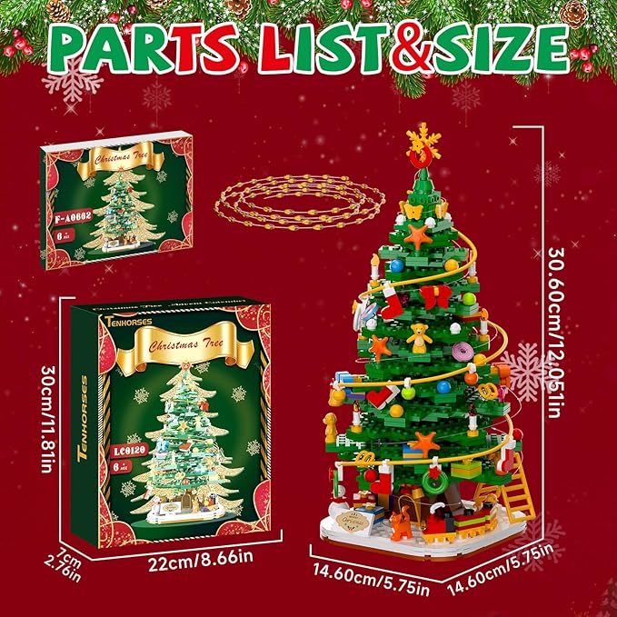 Christmas Tree with LED Light Building Blocks, Compatible with Lego Christmas Ornaments Set for Tabletop Home, Wreath Snowflake Xmas Decoration Stocking Stuffers Toy for Boys Girls Adults