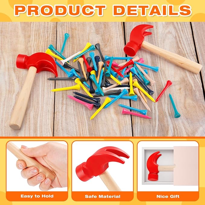 10 Pcs Wooden Hammer Toys,Kids Hammer Toys with 100 Pcs Colorful Wood Golf Tees,Small Plastic Hammer,Simulation Hammers Maintenance Tools Educational Toys for Play School Gift Party