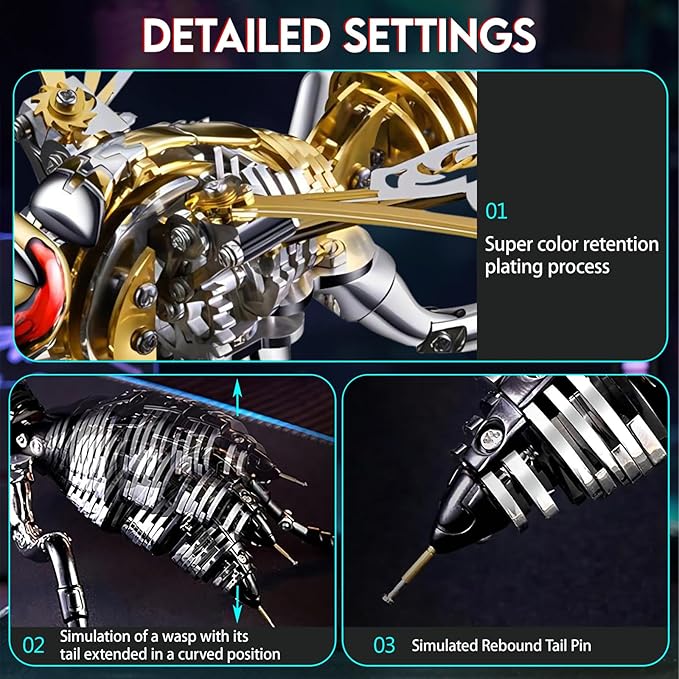 3D Metal Puzzles, Metal Model Kits for Adults Wasp Mechanical,Steel 3D Puzzle Stainless Steel Ornaments for Adults DIY Gifts for Men Women Art Craft Gifts Toys(Gold).