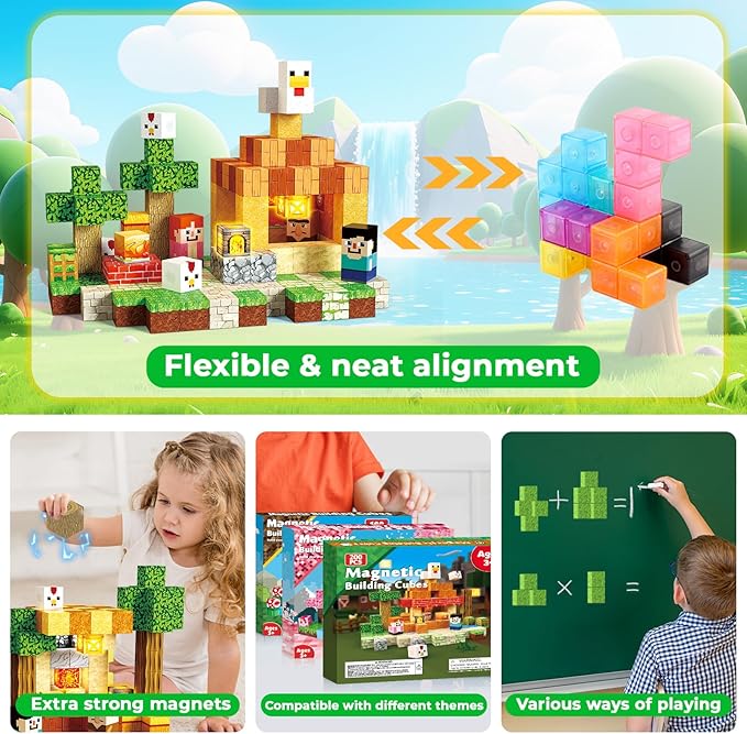 200 PCS Magnetic Blocks with Light Blocks - Magnet Building Blocks, Stacking Magents Cubes Toys Roast Chicken Store Theme, STEM Montessori Sensory Toys for Kids Boys and Girls Ages 3+ Birthday Gifts