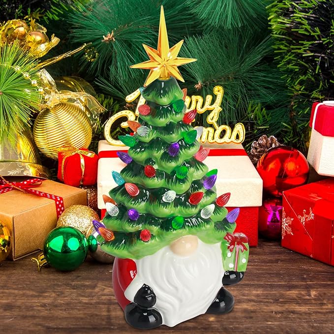 Gnomes Christmas Decorations - 12" Lighted Up Gnomes Ceramic Christmas Tree with 46 Multicolored Lights - Mini Pre-lit Hand-Painted Xmas Tree Decor for Home Indoor