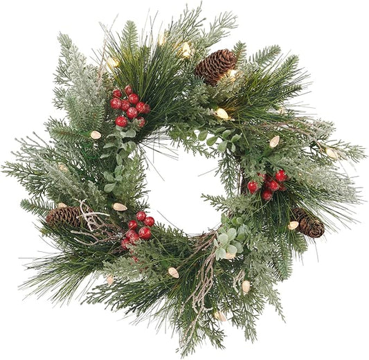 Pre-lit Christmas Wreath for Front Door, Snow Branches, 22 Inch Battery Operated 50 LED Lights, Decorations for Indoor & Outdoor Green
