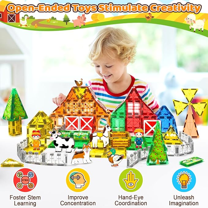 Magnetic Tiles Toys with Farm Animals for 3+ Year Old Toddler, Magnetic Blocks Building Toys for Kids Ages 3-5 5-7 Girls Boys, Classroom Must Haves