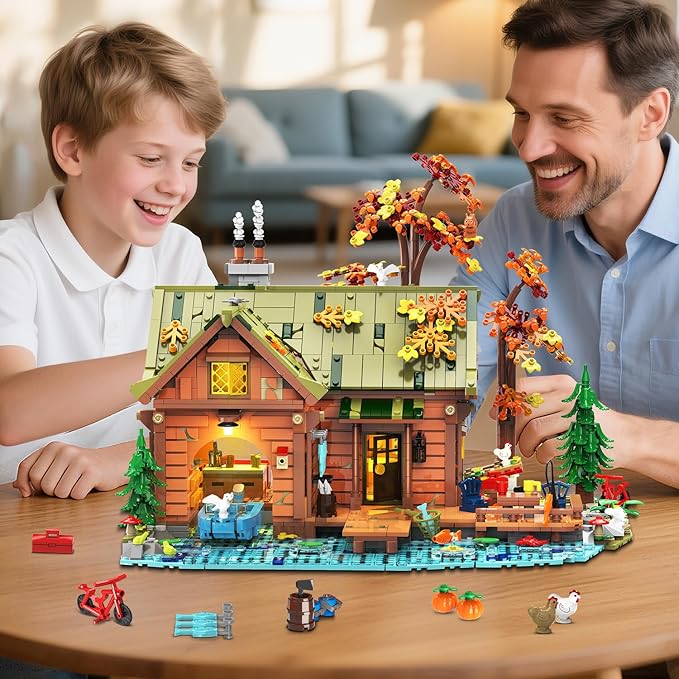Overwater Cabin Mini Building Set with Light, 2423 PCS Wooden Forest House Building Block Toy with Boat Bike Animals, Home Decor Treehouse Construction Model Kit for Adults Teens Boys Girls 12+