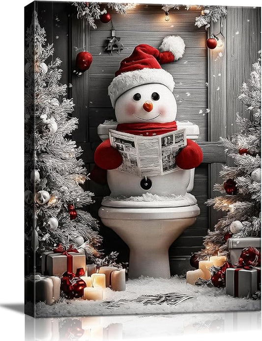 AbcCustomize Funny Snowman Christmas Canvas Wall Art, Snowman Reading on Toilet Canvas Prints, Quirky Bathroom Picture for Humorous Christmas Decorations, Holiday Gifts and Winter Decor