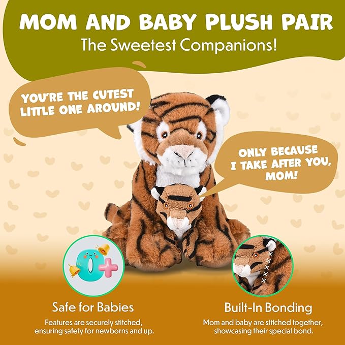 Mom and Baby Stuffed Animals for Boys & Girls, Safari Baby Shower Decorations, Nursery Decor, Zoo Animals for Toddlers, Quality Realistic Toys for Kids, Cute, Soft, Huggable, Squeezable (9.5" Tiger)