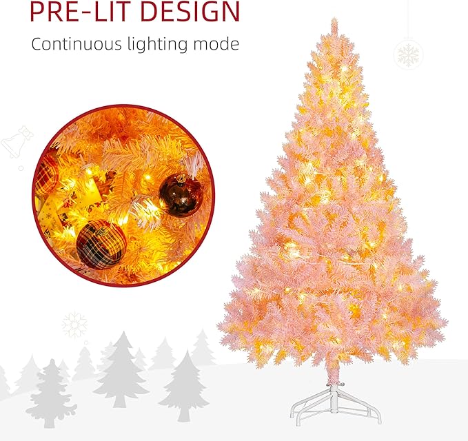 HOMCOM 6' Tall Prelit Christmas Tree Douglas Fir Artificial Christmas Tree with Realistic Branches, 250 Warm White LED Lights and 1000 Tips, Pink