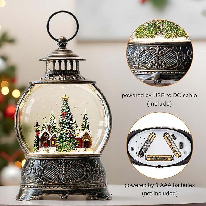 Christmas Snow Globes Water Lantern with Christmas Tree Village, Music & 6H Timer, USB Lined/Battery Operated Lighted Lanterns for Xmas Festival Decoration Gifts