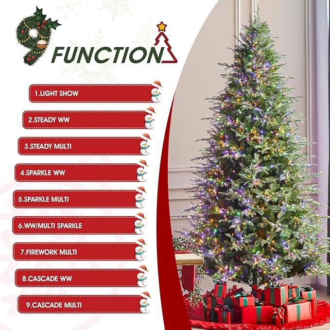 Glitzhome 9ft Prelit Artificial Christmas Tree, Green Full Christmas Tree Majestic Evergreen Fir with 2450 Warm White/Multi-Color Horse Race LED Lights, 9 Function w/Foot Pedal and Remote Control