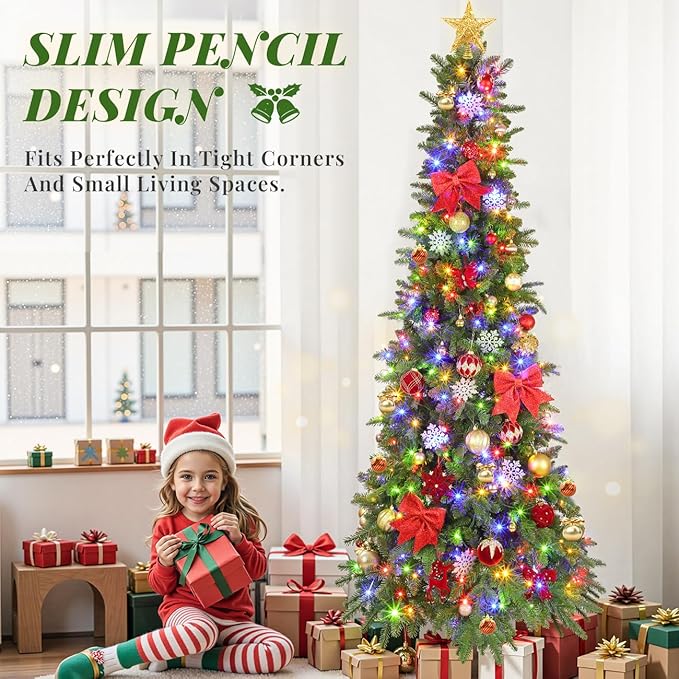 7.5ft Pre-lit Pencil Christmas Tree with Lights, 360° Rotating Stand Built-in Music, Remote Control, Slim Christmas Tree for Holiday Decor