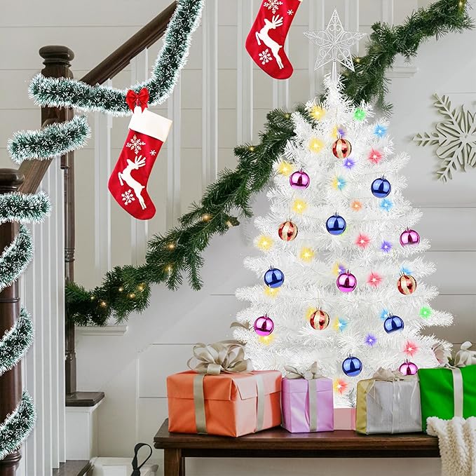 3 Ft Premium White Christmas Tree Dual Color Change 12 Modes Timer DIY 50 Warm White & Colored Lights 15 Ball Ornaments Star Battery Operated Small Artificial Full Xmas Tree Table Indoor Holiday Decor