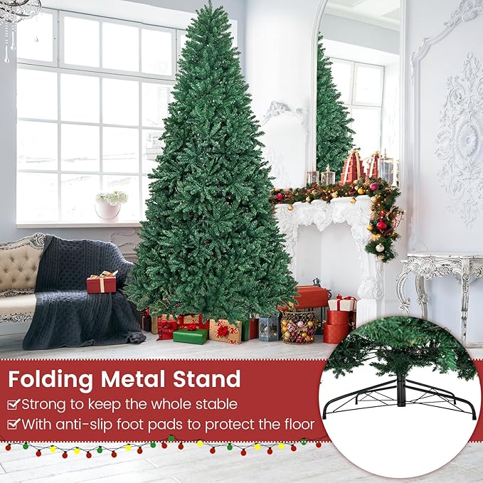 GOFLAME 9 FT Artificial Christmas Tree, Hinged Xmas Tree with 3594 PVC Branch Tips and Folding Metal Stand, Lifelike Christmas Decoration Tree for Home, Office, School, Easy Setup, Green