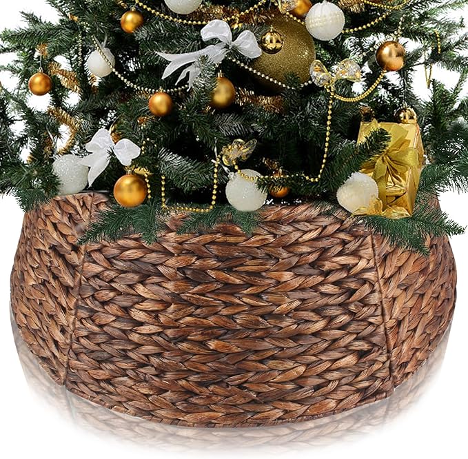 Christmas Tree Collar 27'' D Handmade Hyacinth Tree Collar Basket Rattan Wicker Christmas Woven Tree Ring Stand Base Cover for Christmas Holiday Decoration-Brown Washed