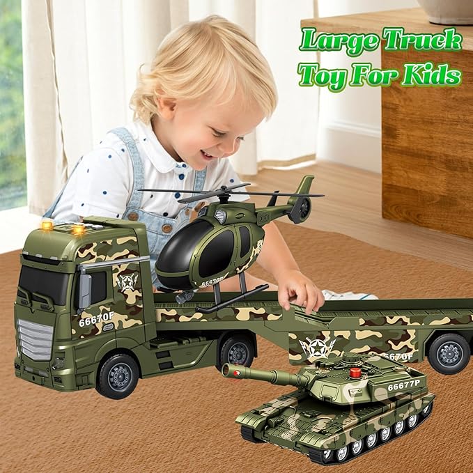 3-in-1 Military Truck Toys for Kids Ages 3-6 - Inertia Semi Trailer with Helicopter & Tank, Light and Sound Army Vehicles