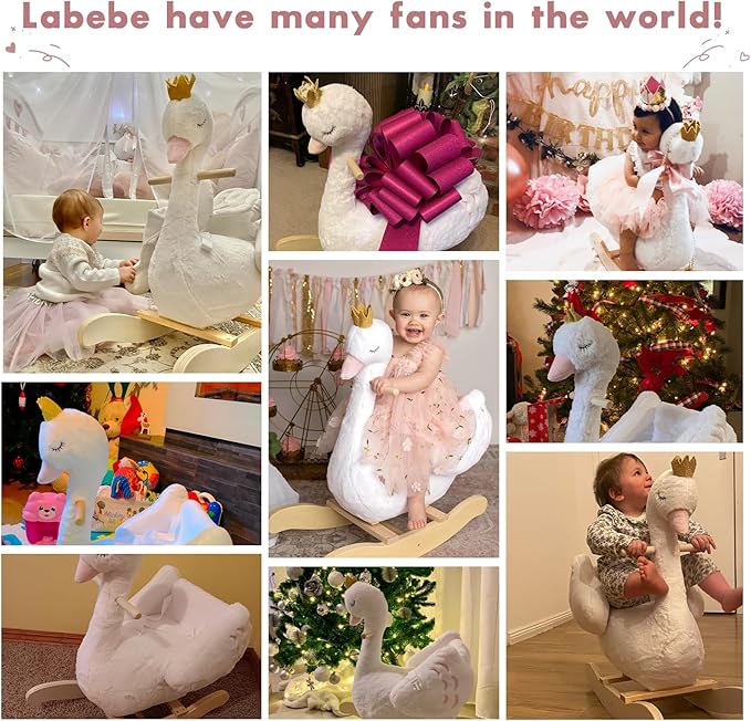 labebe Kids Rocking Horse White Swan with Little Plush Doll Toys, Stuffed Animal Wooden Rocker for Children 6 Months Boys and Girls/Nursery Christmas, Birthday Gift (Rocking Swan)