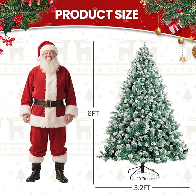 6ft Green Artificial Christmas Tree with Pine Cones and Snow Flocked Branches, Realistic Full Shape Xmas Tree with Sturdy Metal Stand for Indoor Holiday Decoration