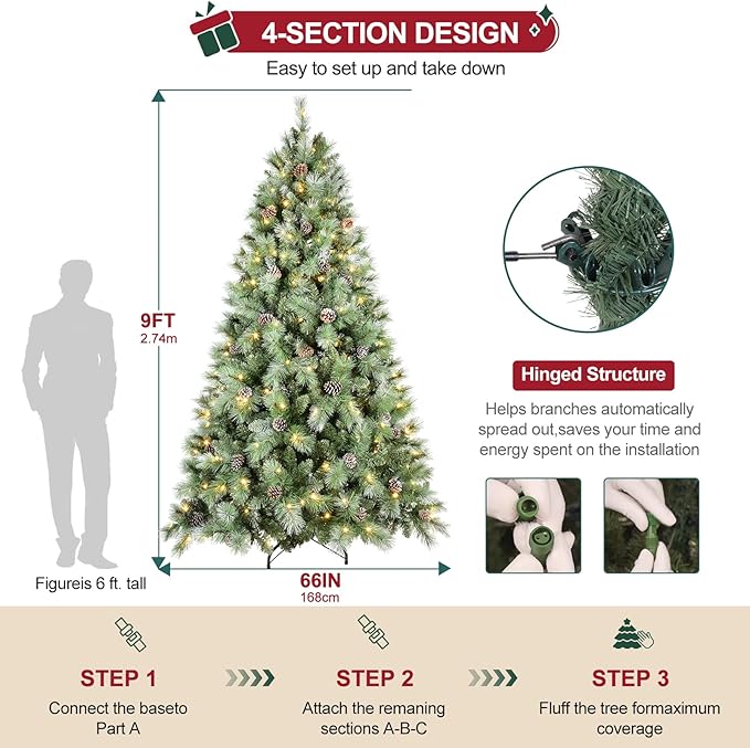 Pre-lit Christmas Tree 9ft, PLuxury Pine Needle -Premium Christmas Trees with Lights Flocked Prelit Trees-Artificial Xmas Tree