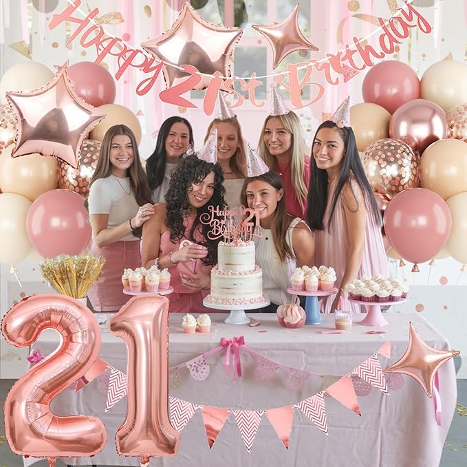 21st Birthday Decorations for Her, Retro Pink Nude Number 21 Balloon Set Happy 21st Birthday Banner Cake Topper Dusty Pink Beige Rosegold Star Balloons for Women 21 Year Old Bday Party Decor